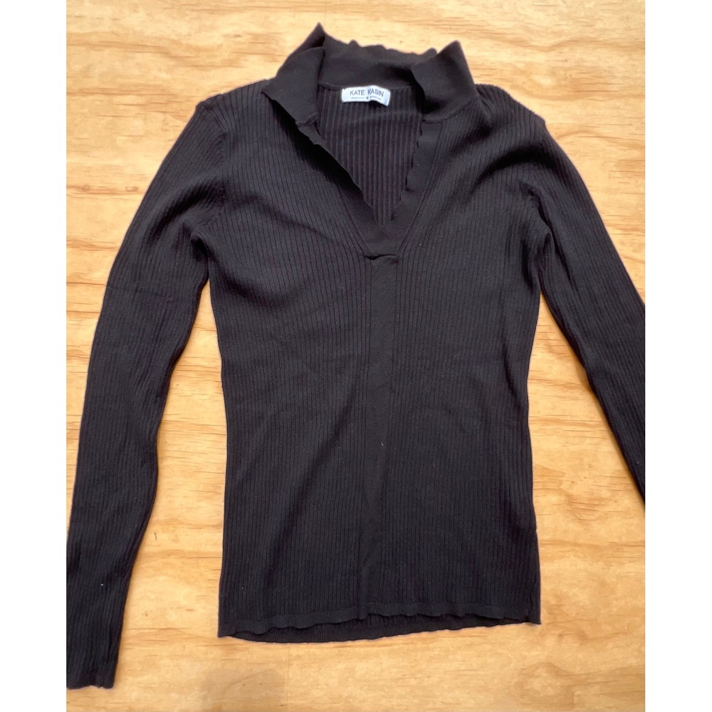 Kate Kasin Black Ribbed Knit Polo Collar V-Neck Long Sleeve Sweater Top Medium